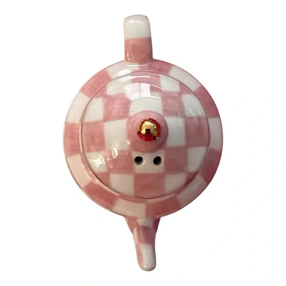 Mackenzie-Childs NWT in gift box gorgeous Rosy Check Teapot Salt & Pepper set - Picture 11 of 14